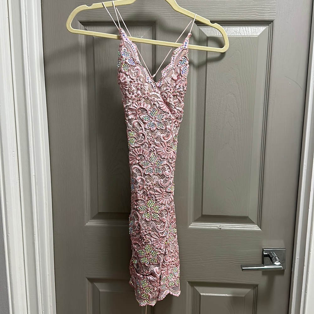 new with tags lux magda crystallized rose mini dress